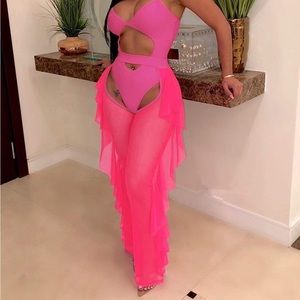 Sheer Mesh 2 Pieces Outfits Jumpsuits Crop Top and Hollow Out Ruffle Long Pants